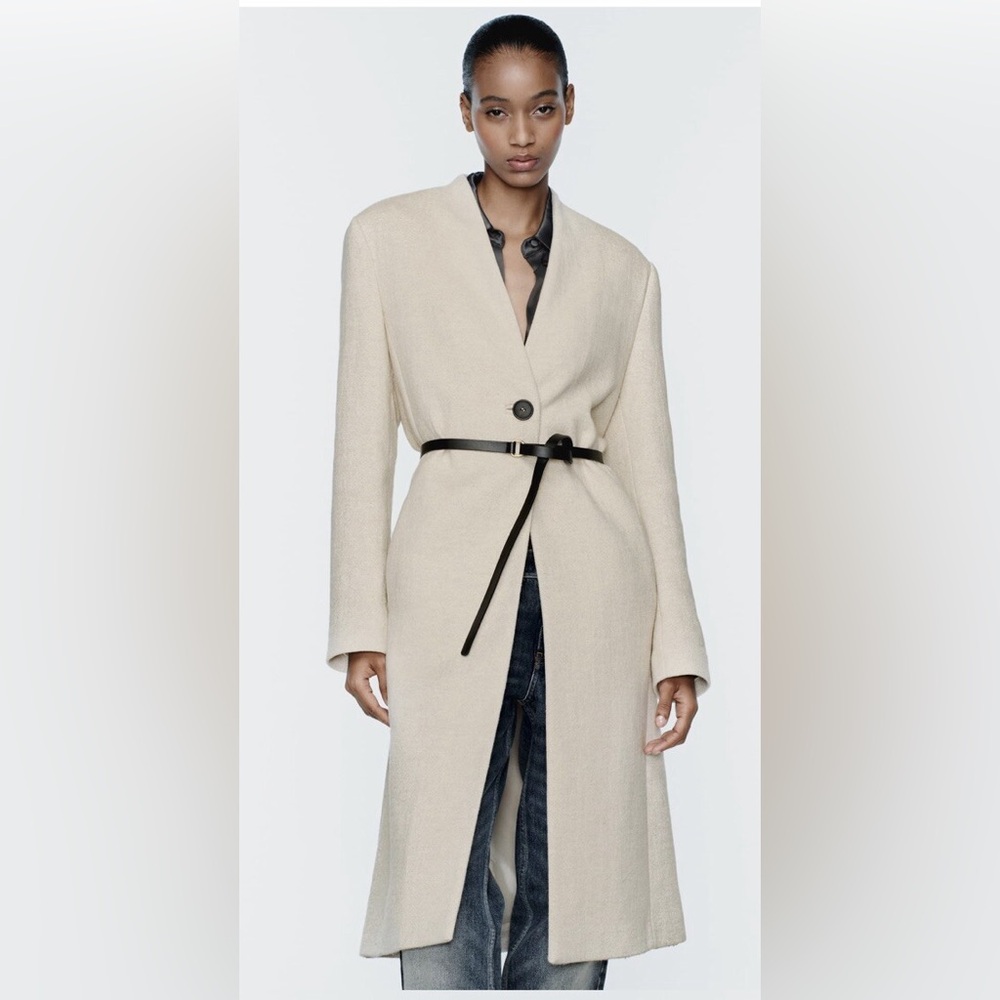 NWT Zara Wool Blend Coat With Leather Belt - Picture 4 of 13